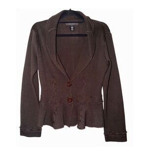 Nine West Brown Wool Blend Knit Blazer Cardigan Lettuce Trim Peplum Sweater Med